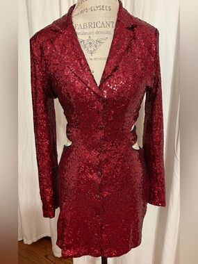 Sparkly Red Sequin Long-Sleeve Blazer Dress with sexy back cutouts Halloween 🎃
